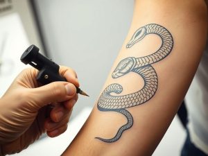 A detailed hand-drawn sketch of a snake tattoo design being created on a human arm. The snake's body coils gracefully around the arm, with intricate scale patterns and shading. In the foreground, a tattooist's hand is seen holding a TKTX tattoo machine, carefully inking the snake's outline. The background is blurred, with a clean, minimalist workspace visible, creating a focus on the tattoo design process. Soft, even lighting illuminates the scene, emphasizing the precision and artistry of the tattooing. The overall atmosphere is one of concentration, creativity, and the personal expression of the snake tattoo design.