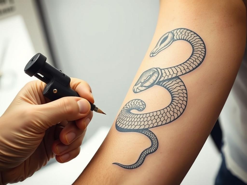 A detailed hand-drawn sketch of a snake tattoo design being created on a human arm. The snake's body coils gracefully around the arm, with intricate scale patterns and shading. In the foreground, a tattooist's hand is seen holding a TKTX tattoo machine, carefully inking the snake's outline. The background is blurred, with a clean, minimalist workspace visible, creating a focus on the tattoo design process. Soft, even lighting illuminates the scene, emphasizing the precision and artistry of the tattooing. The overall atmosphere is one of concentration, creativity, and the personal expression of the snake tattoo design.